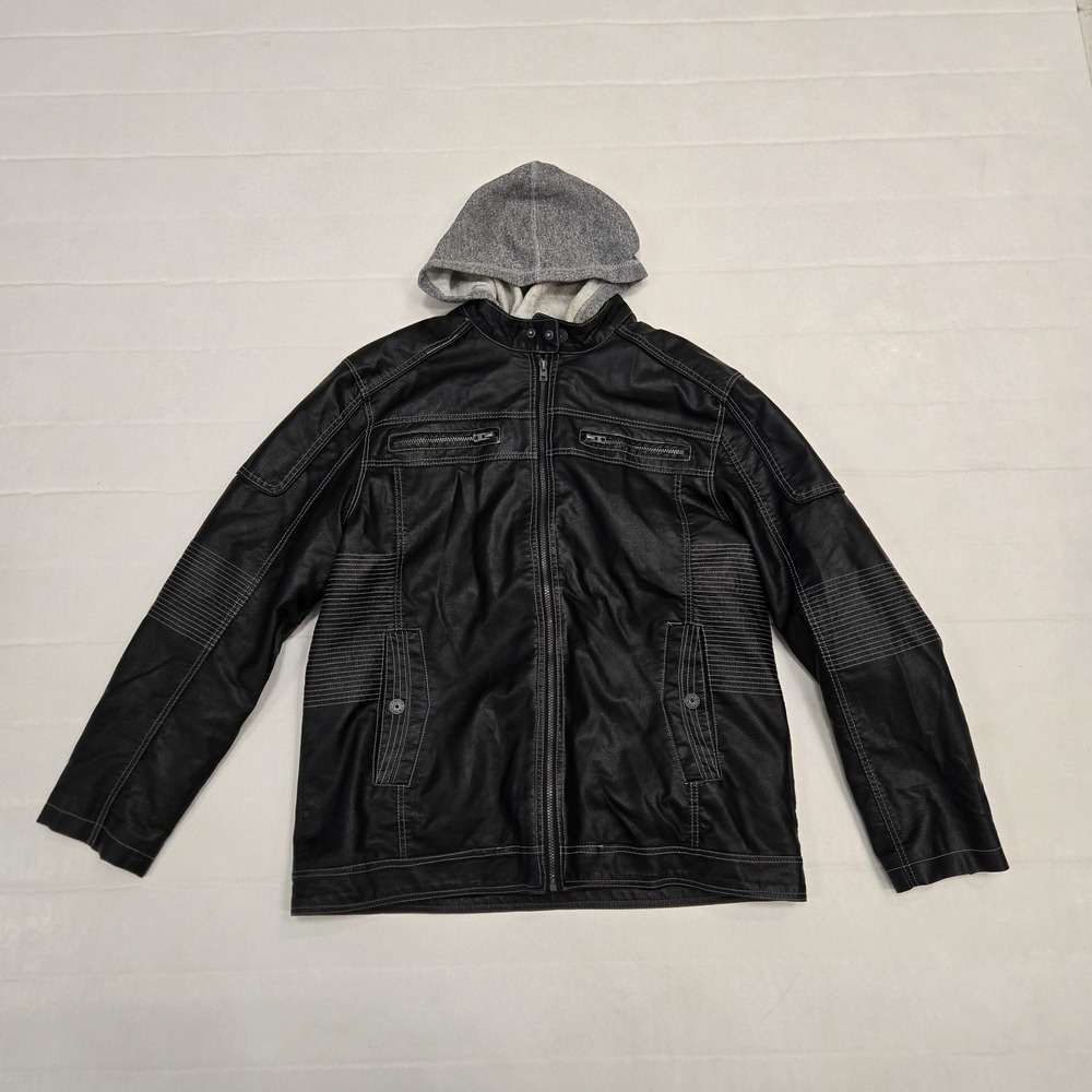 Buckle Black Faux Leather Jacket Zip Hoodie Mens XXL 2 In 1 2fer Motorcycle 2XL